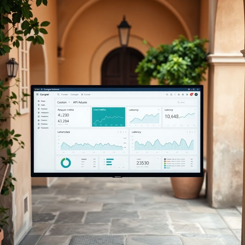Overhead view of the Coastal Practice developer dashboard on a large monitor showing live API metrics